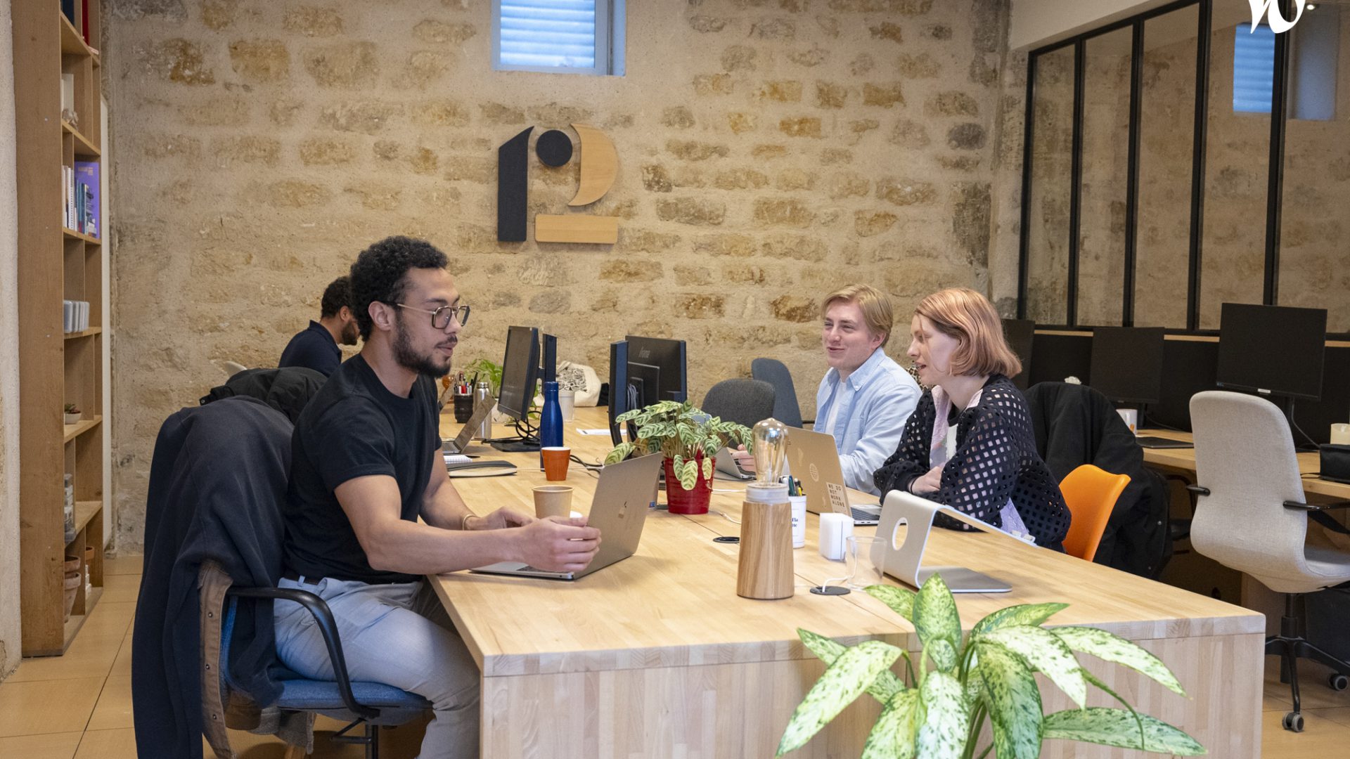 Un groupe de personnes travaille ensemble dans un bureau moderne avec des murs en pierre, des ordinateurs portables et des plantes décoratives sur la table.